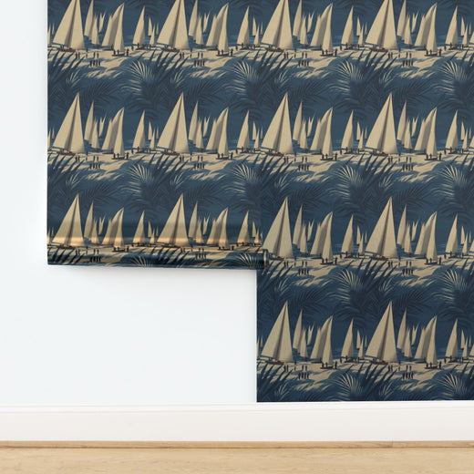 Luminous metallic finish wallpaper showcasing painterly sailboat pattern.