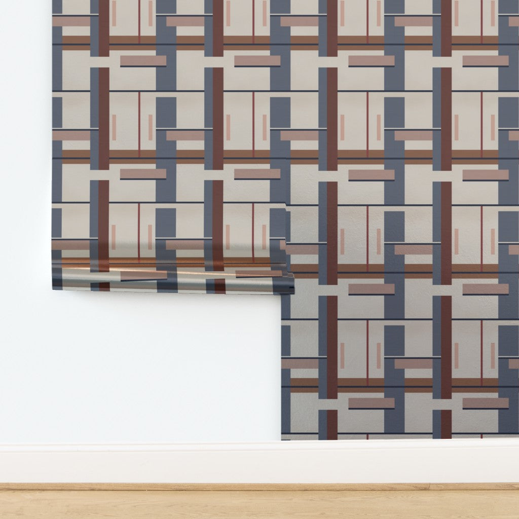 Metallic Bauhaus geometric wallpaper with a subtle pearlescent finish and luminous reflective sheen.