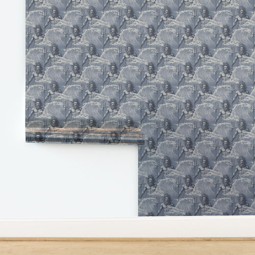 Neptune mythological wallpaper in Mist colorway printed on luminous metallic paper.