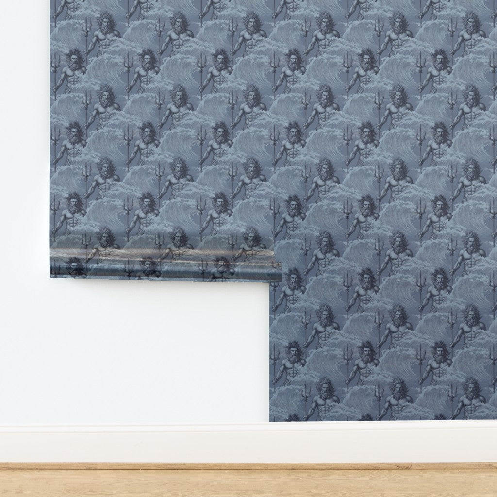 Luminous pearlescent finish of Neptune wallpaper on Aegean blue metallic substrate.