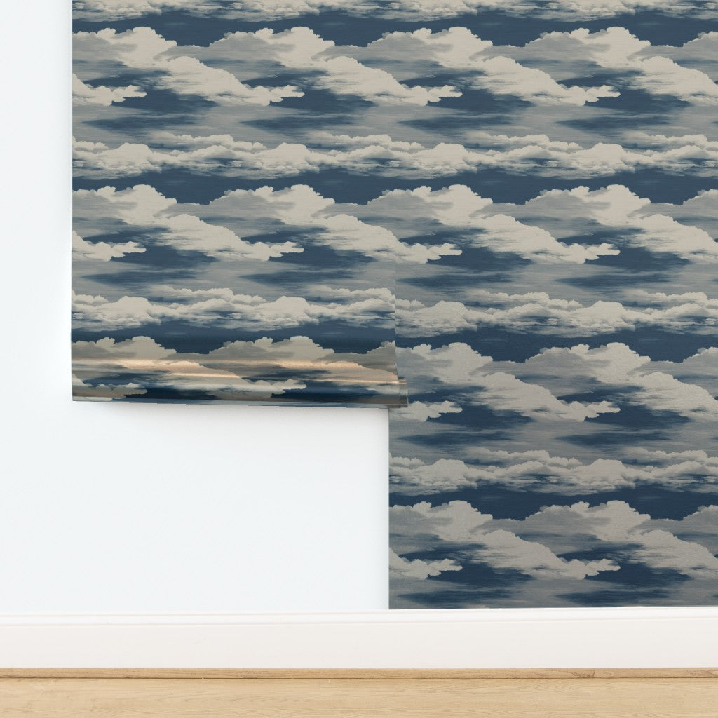 Moonlit Clouds celestial metallic wallpaper in pale Light Night Sky tones.