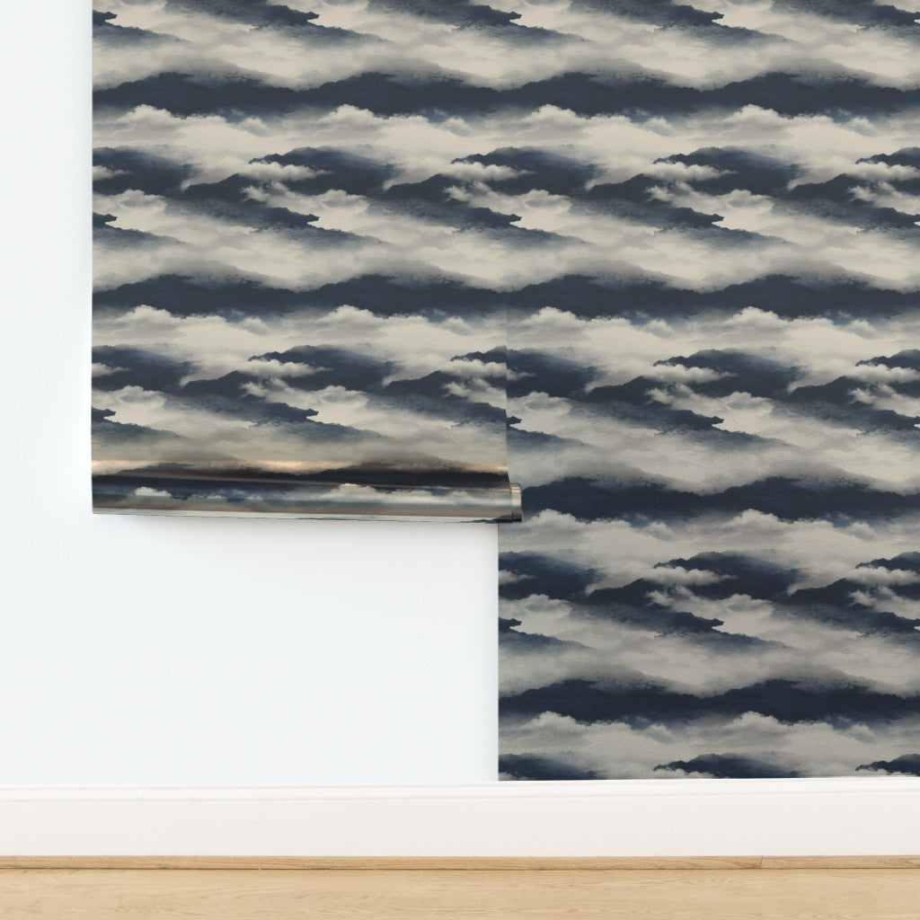 Luminous metallic finish on Moonlit Clouds wallpaper in Dark Night Sky.