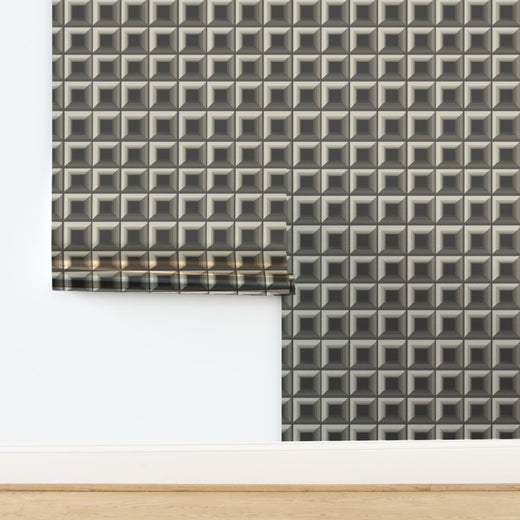 Optic Grid Geometric Wallpaper with a reflective bronze metallic substrate.