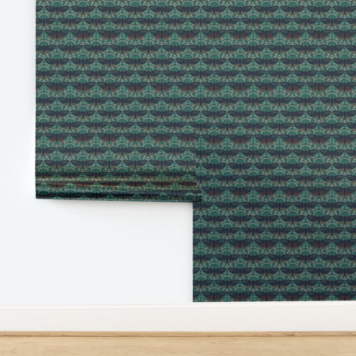 Luminous metallic finish on the teal Butterfly Lattice wallpaper.