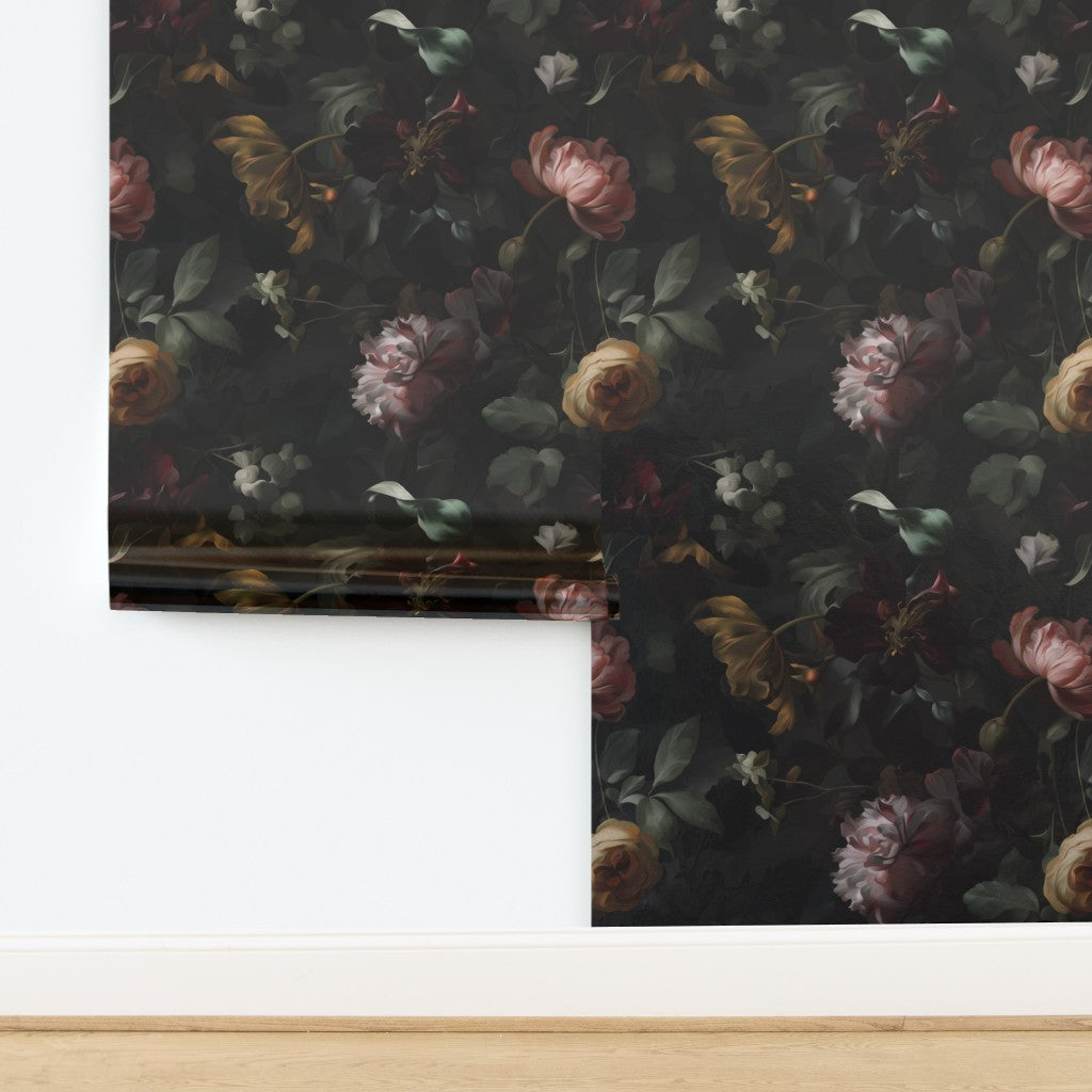 Luminous pearlescent finish of the metallic substrate option for Nocturne Botanical Wallpaper.