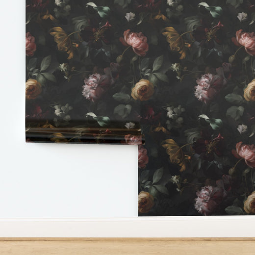 Luminous pearlescent finish of the metallic substrate option for Nocturne Botanical Wallpaper.