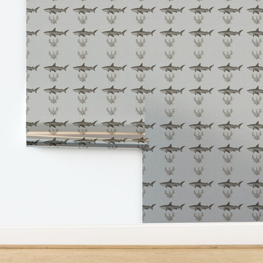 Solo Swimmer shark pattern printed on metallic wallpaper substrate with a subtle pearlescent sheen.