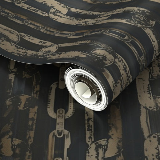 Angled view of the metallic Patina Chains wallpaper sample highlighting the luxurious pearlescent finish.