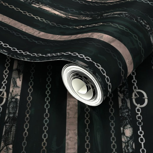 Luminous metallic paper detail of the ornate, Parisian-inspired Couture Chains wallpaper pattern.