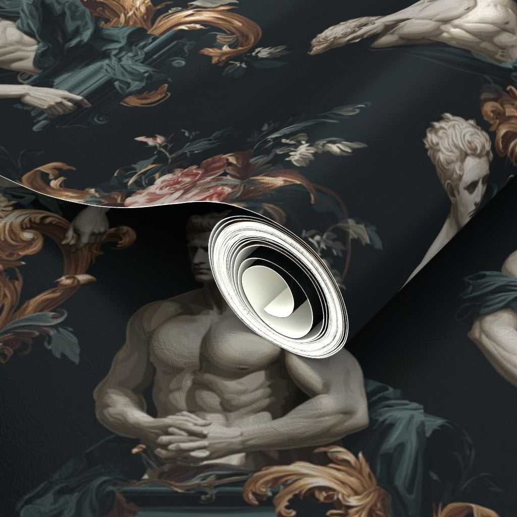 Detailed look at the luminous surface and subtle sheen of the metallic marble sculpture wallpaper.