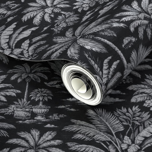 Detail of reflective gold-toned highlights on Black metallic Palmy Weather wallpaper.