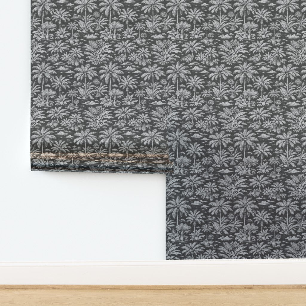 Reflective shimmer on Palmy Weather Charcoal metallic wallpaper.