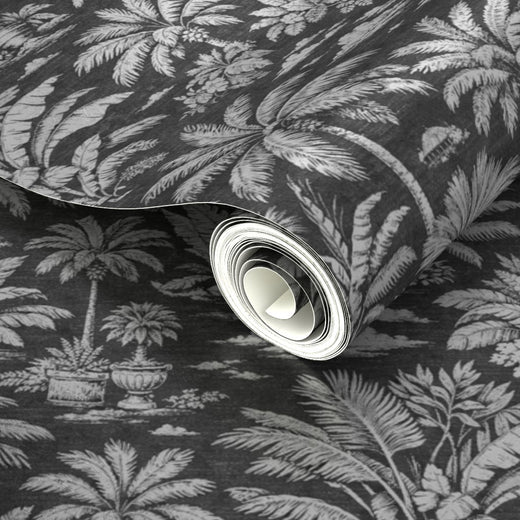 Close-up of pearlescent finish on Palmy Weather Charcoal metallic wallpaper.
