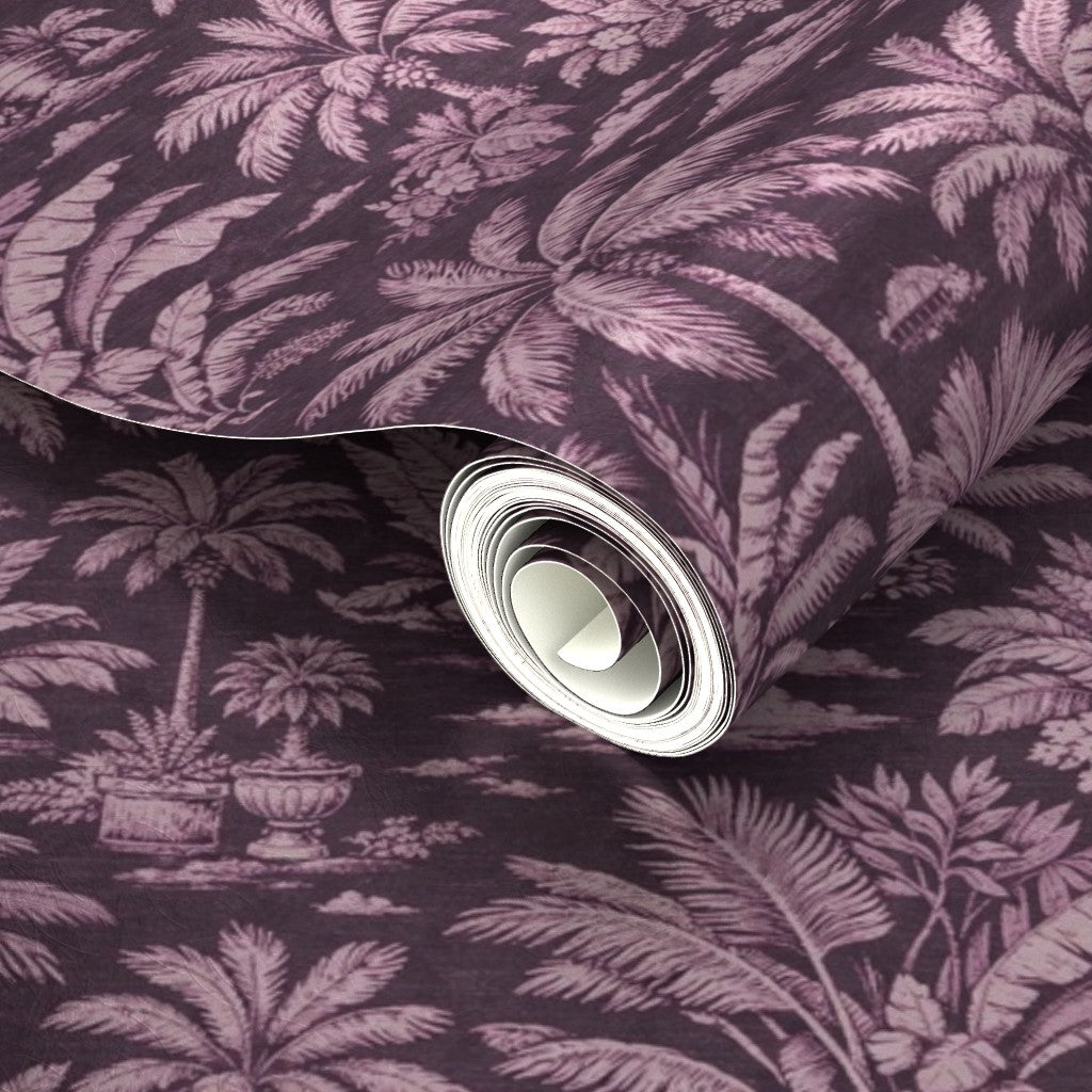 Close-up of subtle pearlescent shimmer on Pink metallic Palmy Weather wallpaper.