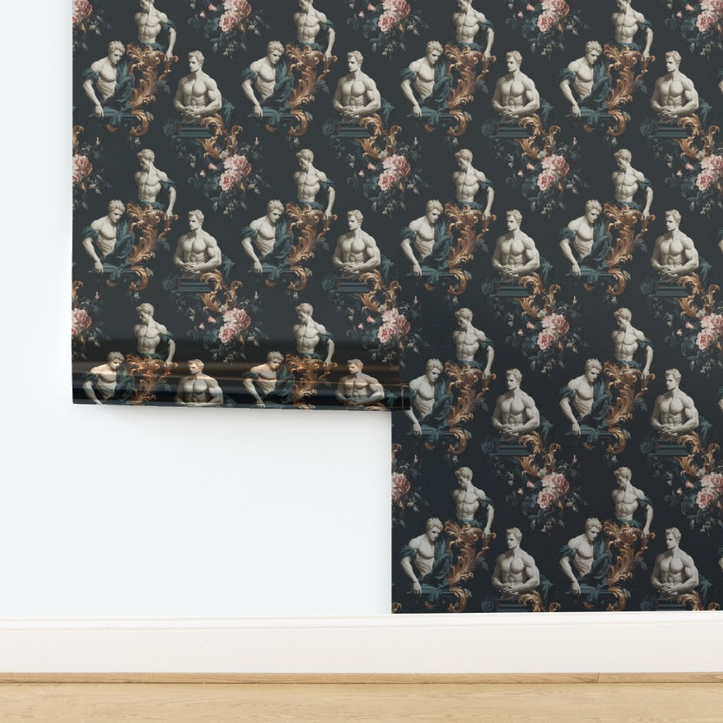 Classical statue motif wallpaper with a pearlescent metallic finish, reflecting light elegantly.
