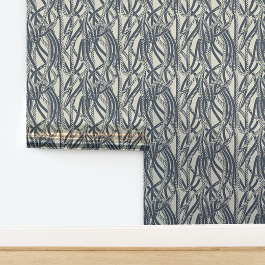 Dockline nautical wallpaper in weathered navy with a subtle metallic sheen, captured at an angle