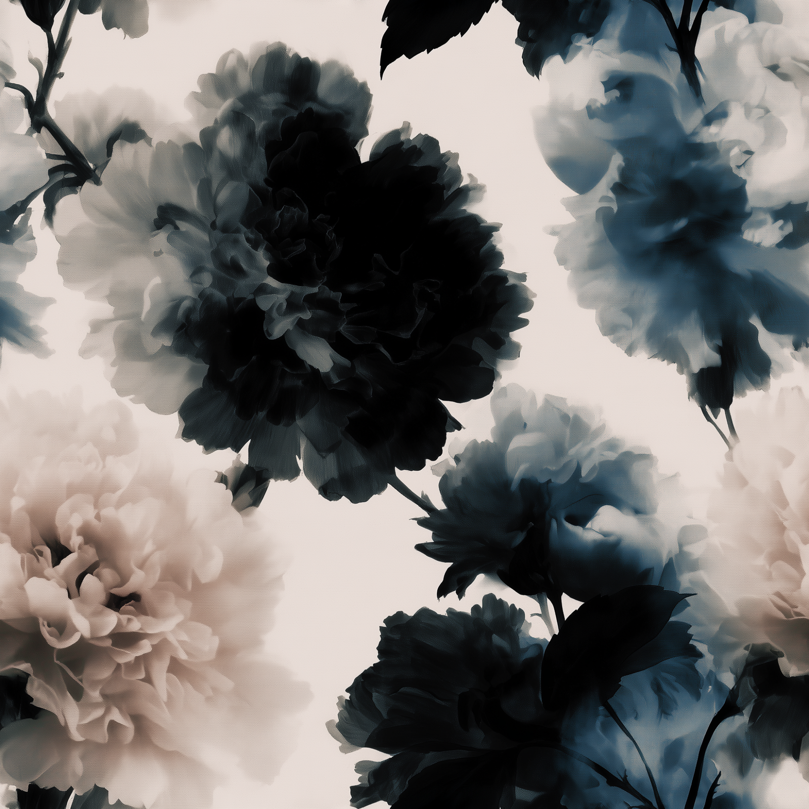 Modern Peonies wallpaper in Noir, displaying the full-scale dramatic floral pattern repeat.