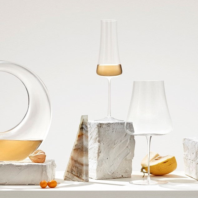 Minimalist studio portrait of the NUDE Stem Zero Volcano crystal glass.