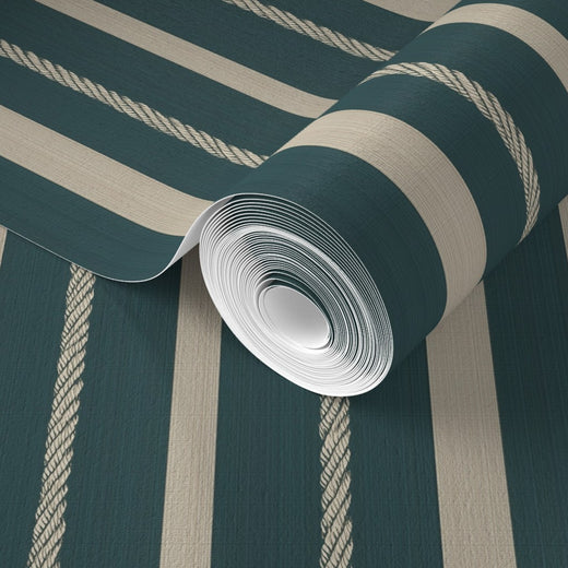 Roll of traditional non-pasted nautical striped wallpaper in deep oceanic teal