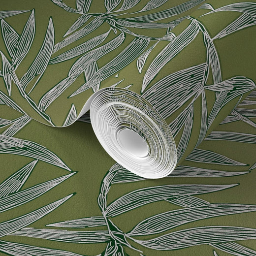 Traditional non-pasted matte finish on the Moss green Bamboo wallpaper.