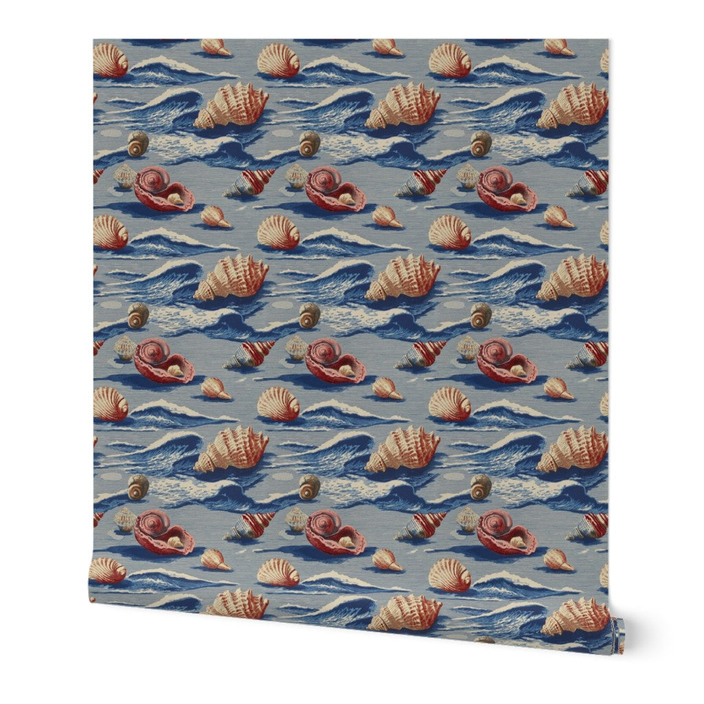 Beach Treasures coastal wallpaper in non-pasted matte finish featuring blue and red shell motifs.