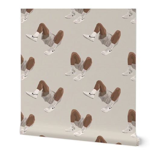 Non-pasted White Kicks wallpaper roll showing the athletic sneaker motif against a neutral taupe background.