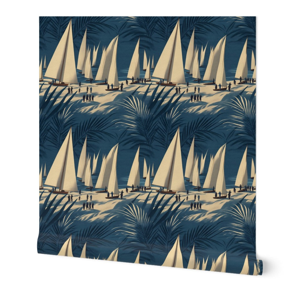 Blue impressionistic sailboat pattern on traditional non-pasted wallpaper.