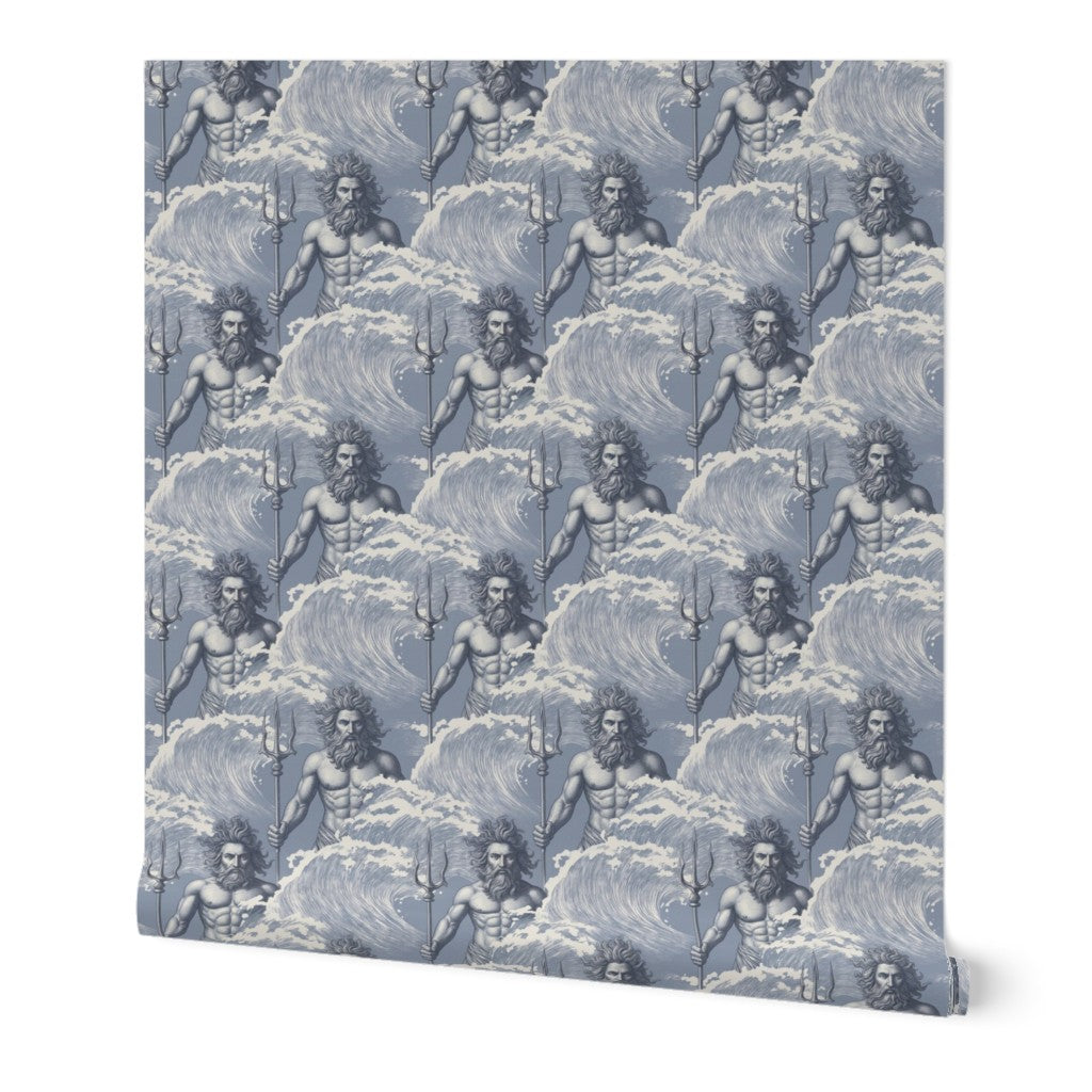 Neptune Classical Wallpaper in Mist, highlighting the delicate neutral classical motif of tridents and waves.