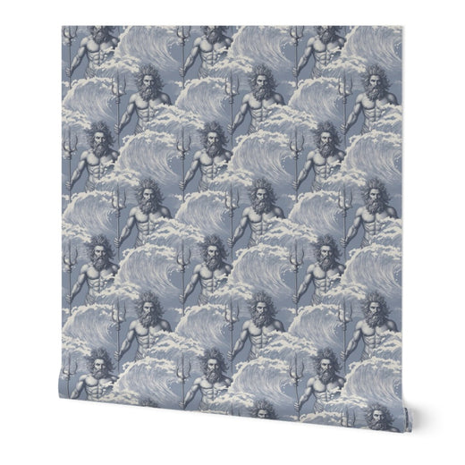 Neptune Classical Wallpaper in Mist, highlighting the delicate neutral classical motif of tridents and waves.