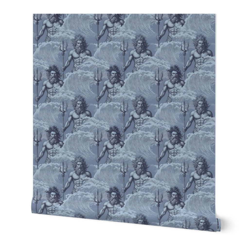 Neptune Classical Wallpaper in Aegean Blue, showing detailed mythological patterns of seahorses and tridents.