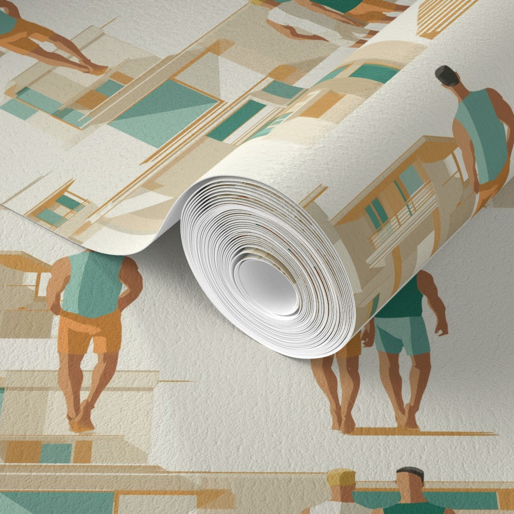 Detail of the minimalist coastal motif on premium matte non-pasted wallpaper substrate.
