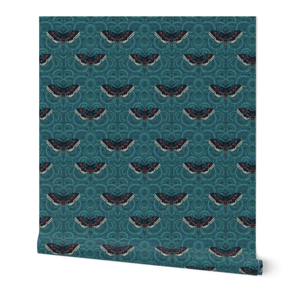Velvet Wings non-pasted wallpaper in a deep teal colorway featuring an intricate stylized moth design.