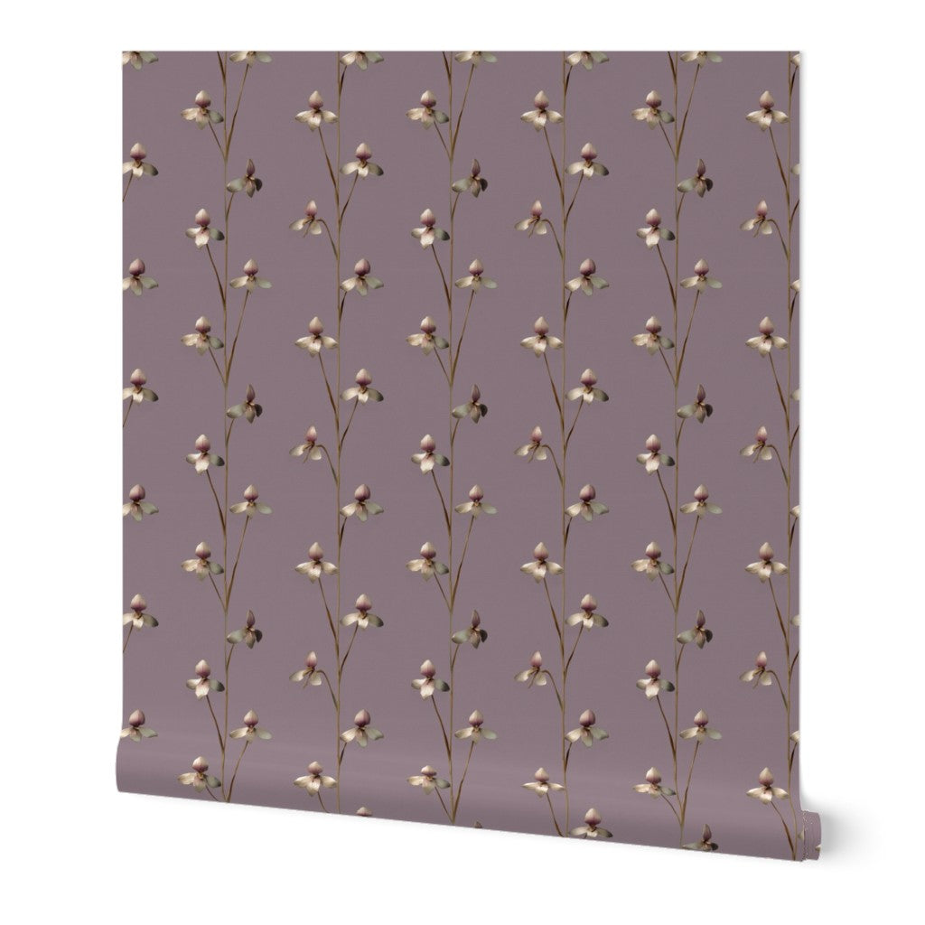 Detailed close-up of Twilight Bloom wallpaper in a non-pasted premium matte finish on a mauve background.