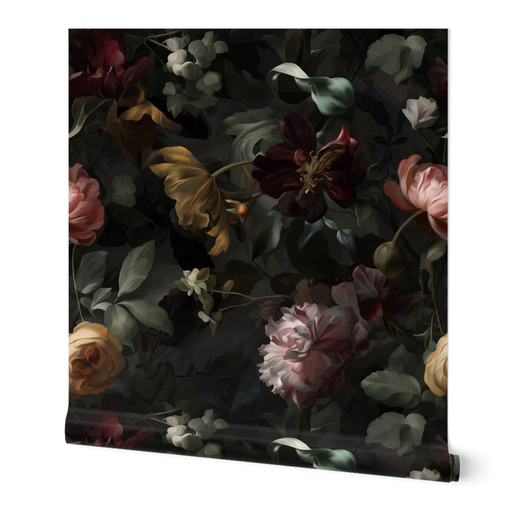 Nocturne Botanical Wallpaper in non-pasted matte finish, showcasing deep moody floral patterns with pink blooms.