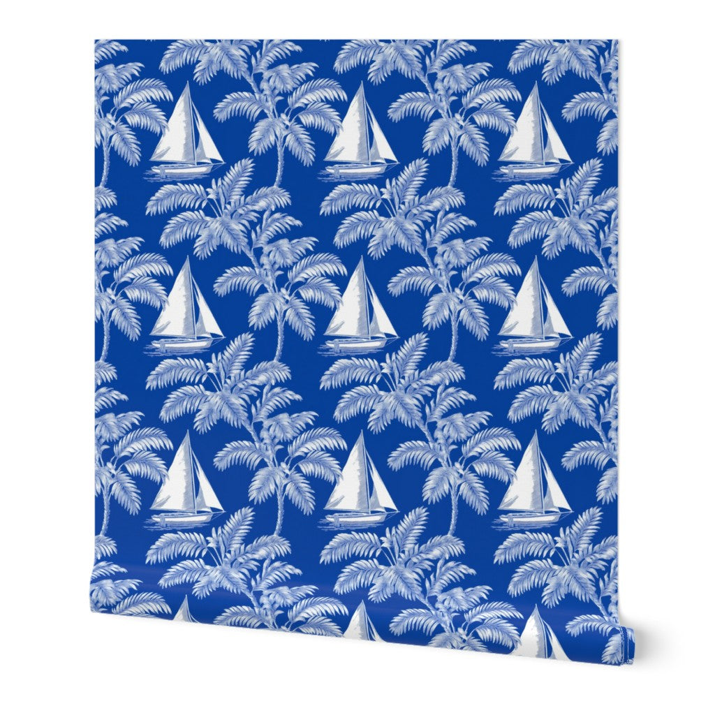 Sail Away non-pasted wallpaper in a minimalist nautical print featuring sailing boat illustrations.