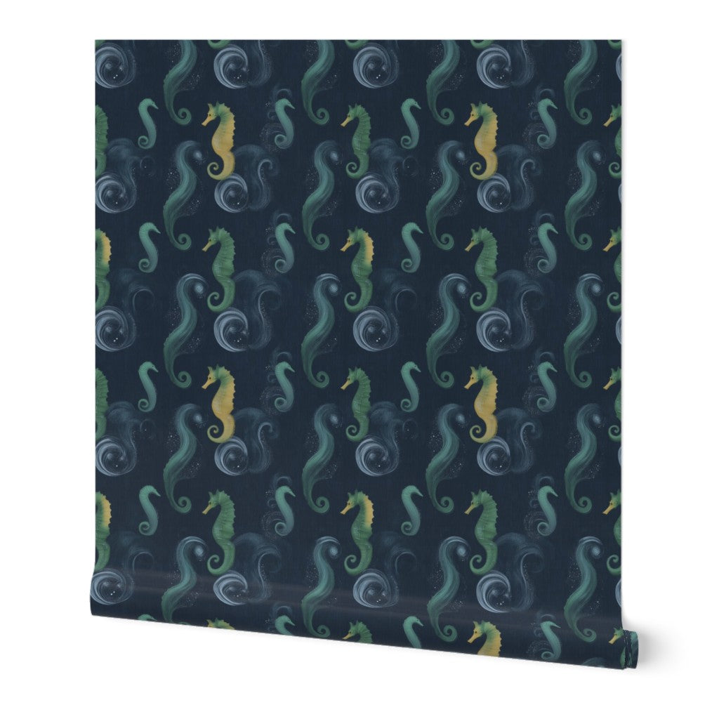 Non-pasted Sea Horse wallpaper sample in Sea Blue, highlighting the premium matte finish and detailed seahorse illustration.