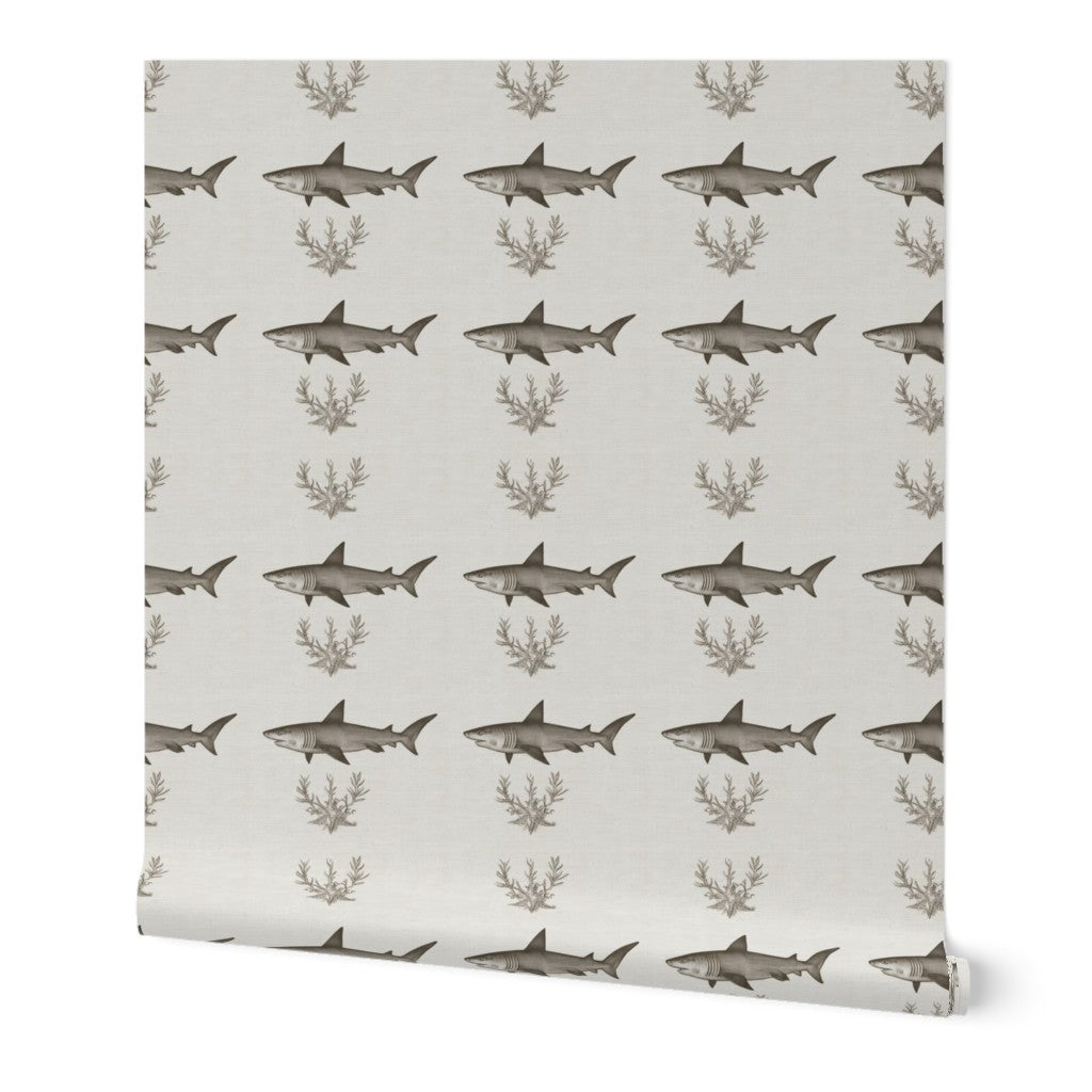 Minimalist shark silhouette pattern wallpaper in a clean grid layout on non-pasted paper.