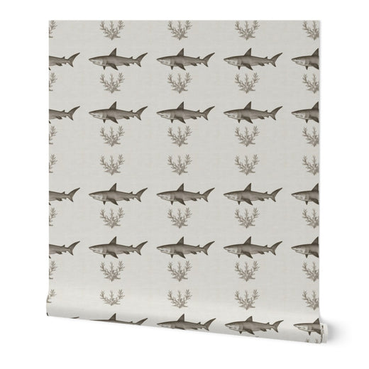Minimalist shark silhouette pattern wallpaper in a clean grid layout on non-pasted paper.