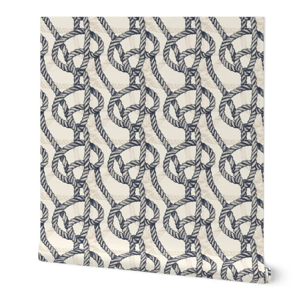 Non-pasted wallpaper sample showing Harbor Knot pattern in weathered blue-gray
