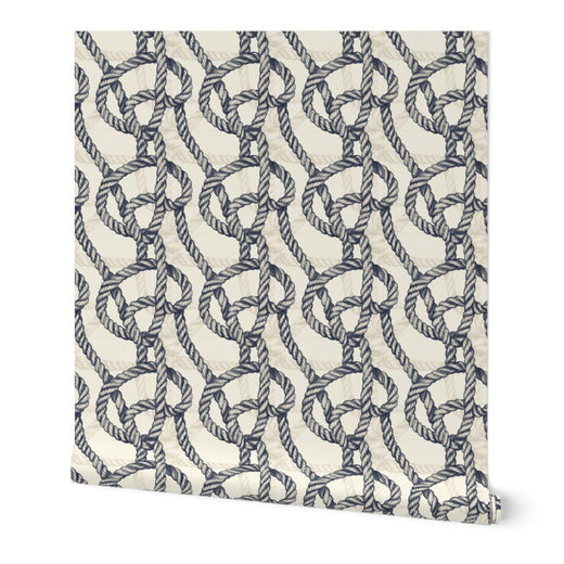 Non-pasted wallpaper sample showing Harbor Knot pattern in weathered blue-gray