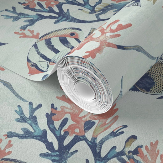 Non-pasted traditional matte wallpaper sample showing light blue aquatic print.