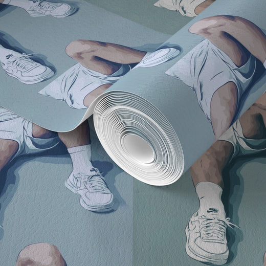 Detailed perspective of the non-pasted matte wallpaper roll showing the athletic-inspired stripe print.
