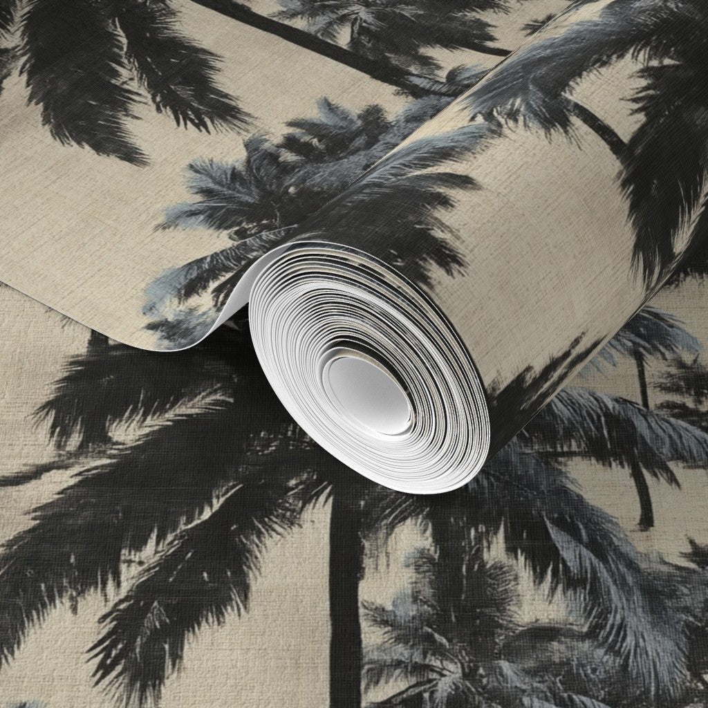 Precision printing detail on the traditional matte palm wallpaper.