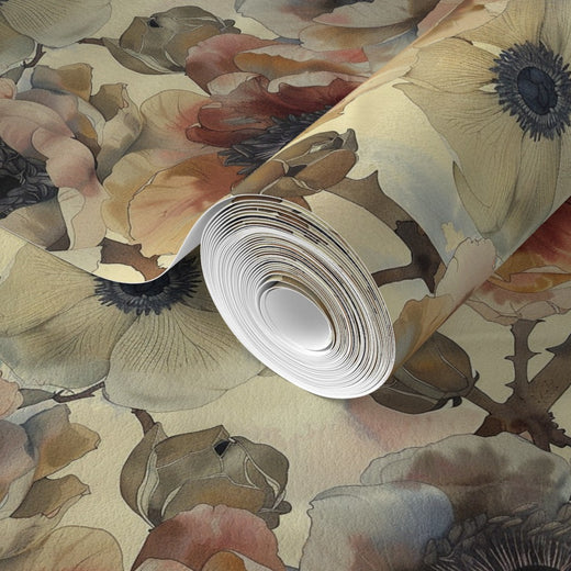 Full scale pattern detail of non-pasted Sunset Poppy and Anemone wallpaper.