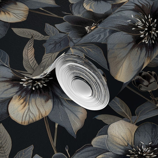 Nocturne Bloom Botanicals traditional non-pasted wallpaper detail showcasing the matte color depth.