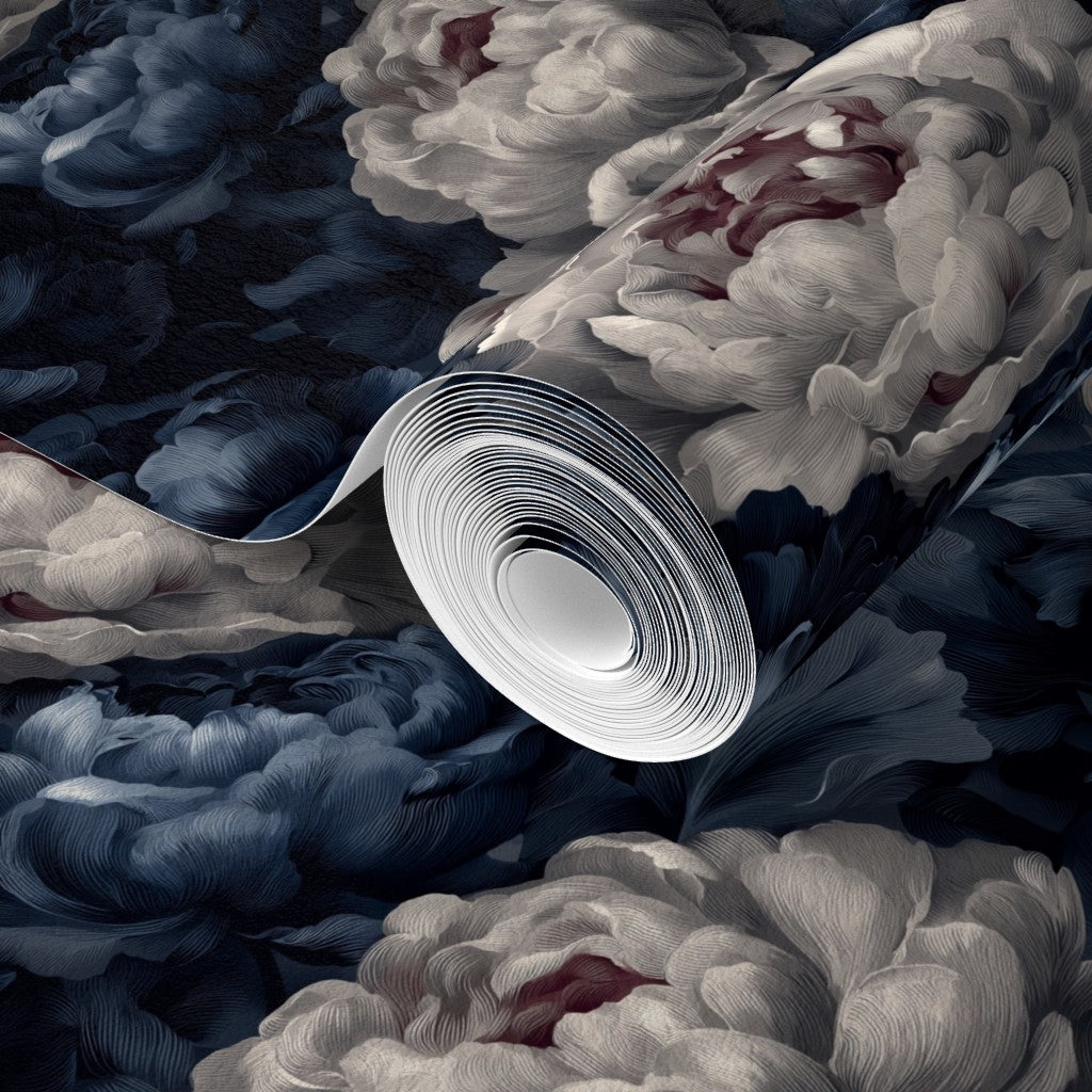 Close-up of the non-pasted matte finish of the Indigo Bloom Ballad floral wallpaper