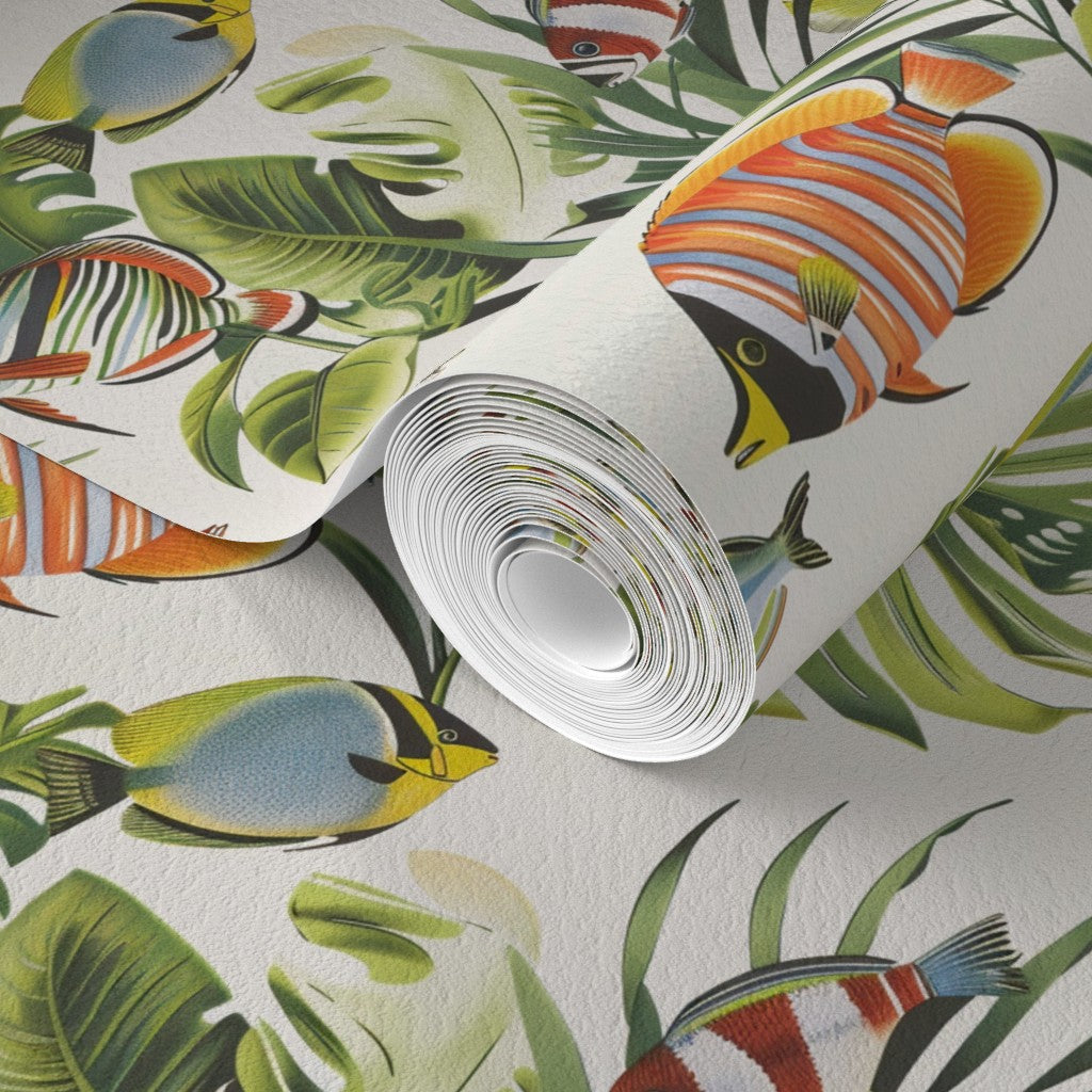 Detailed close-up of the non-pasted matte finish on the aquatic tropical fish wallpaper.