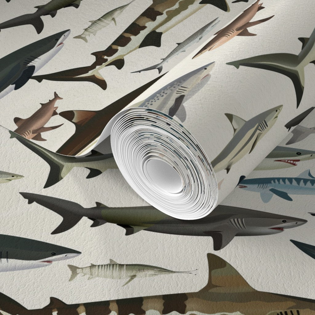 Detail of the non-pasted matte Sea of Sharks wallpaper pattern.