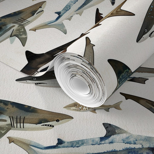 Detailed view of the Watercolor Sharks non-pasted wallpaper pattern with expressive blue washes