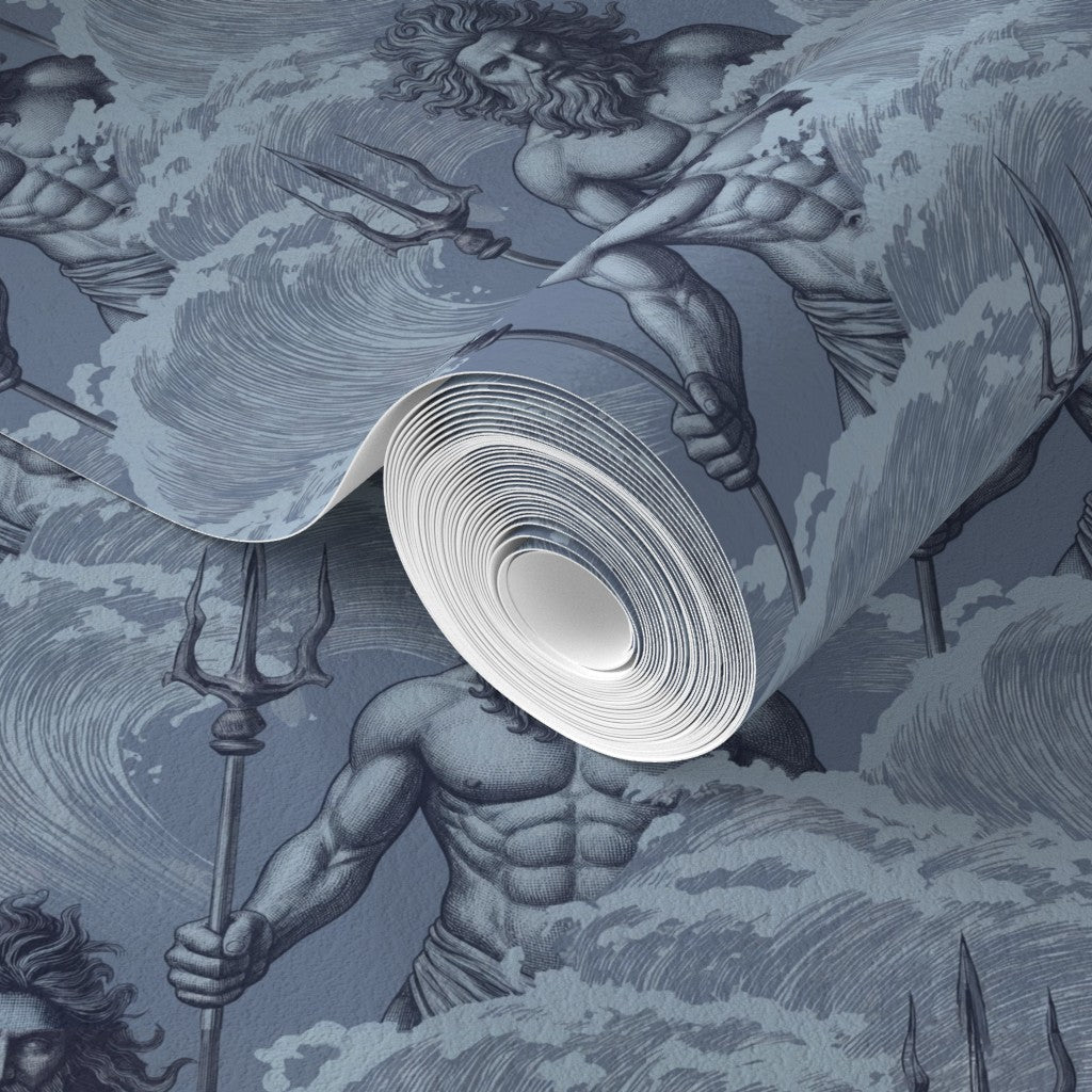 Detailed close-up of the non-pasted classical Neptune wallpaper design in Aegean blue.